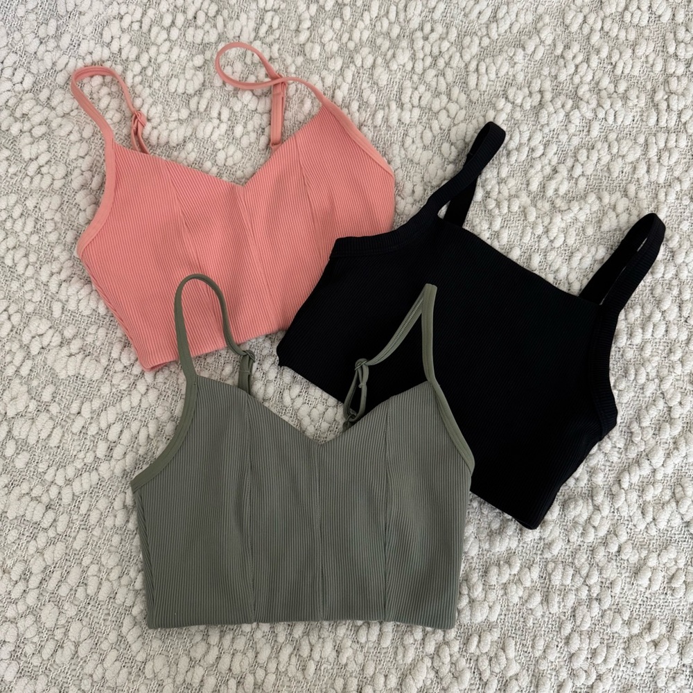 Aerie American eagle activewear cropped tank tops lot of 3 pink, green and black